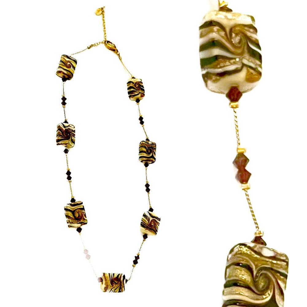 Alexis K gold tone swirl rectangles with ruby beads necklace